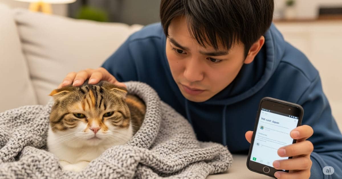 「避けるべき危険な倹約術 - 毛布にくるまり具合の悪そうな猫と、動物病院に電話するのをためらいスマートフォンを手に悩む飼い主。獣医療を怠る危険性を表現」