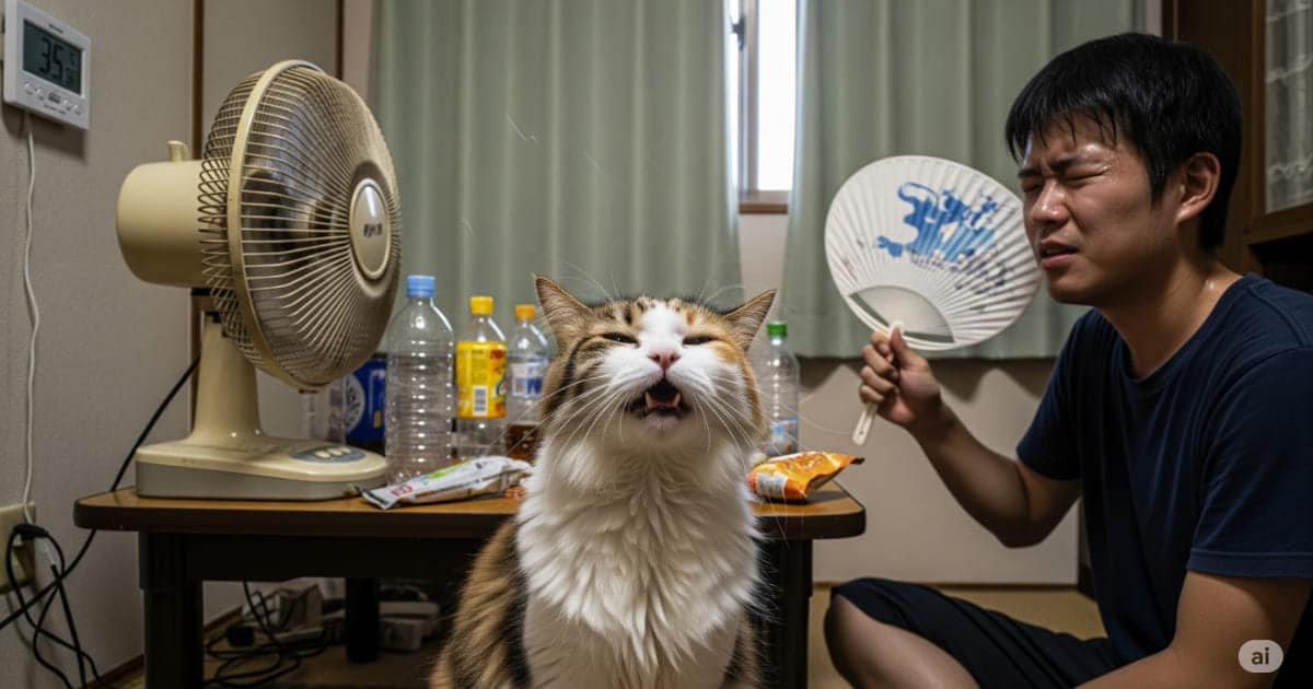 「やってはいけない 危険な節約術 - 暑い室内でぐったりしている猫。飼い主がエアコンをつけずにうちわで扇いでおり、不適切な温度管理の危険性を示している」