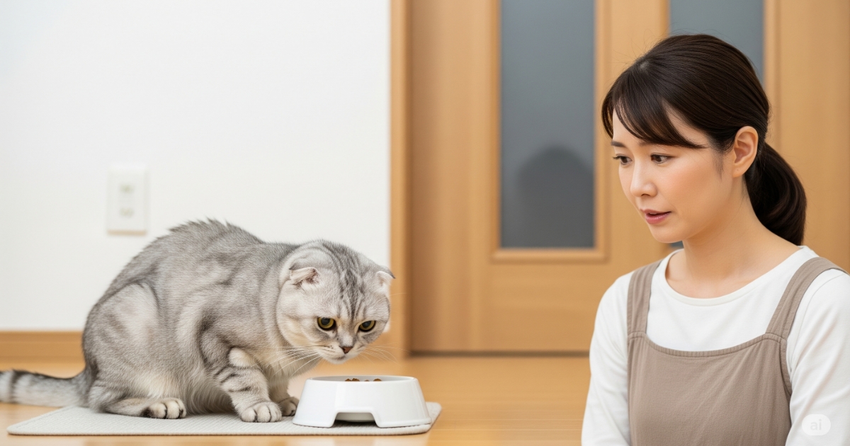 猫の小さな表情の変化にに違和感を感じる女性の飼い主の画像