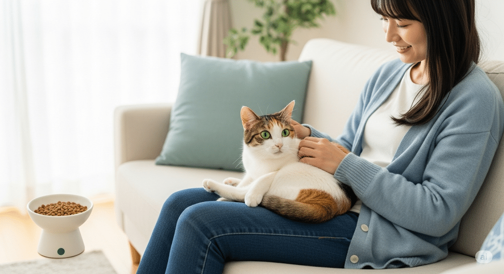 「猫アレルゲン低減技術」の記事アイキャッチ画像。アレルゲン低減フードのおかげで、猫アレルギーの心配なく、リビングのソファで愛猫と幸せに暮らす日本人女性。