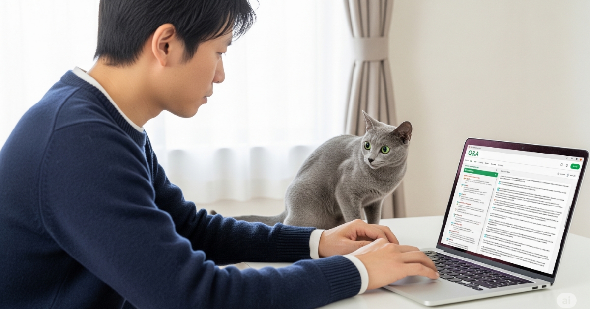 ジャガーキャットフード購入前によくある質問を調べている画像。30代の日本人男性がパソコンでQ&Aサイトを確認し、ロシアンブルーの愛猫がその様子を覗き込んでおり、購入前の疑問を解消しようとする飼い主の姿を描いています。