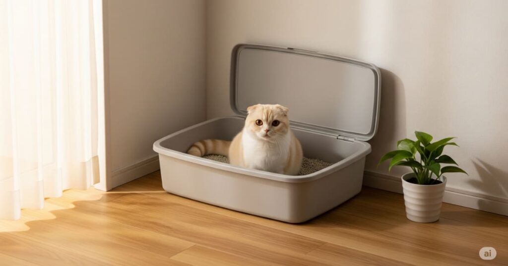 「オープンタイプ - 猫が使いやすい、シンプルで開放的なオープンタイプの猫用トイレ」
スコティッシュフォールドが安心して使っている、屋根のない開放的なトイレです。掃除がしやすく、猫にとっても出入りが容易なため、特にこだわりがない猫や初心者におすすめのタイプであることが一目でわかります。