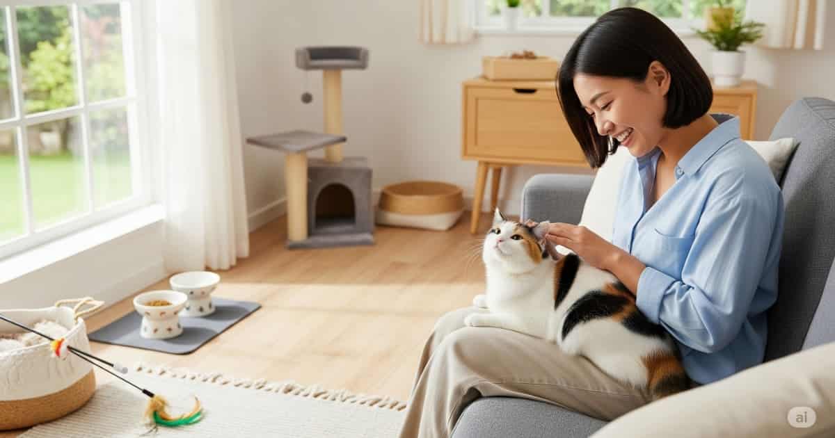 「猫を迎える準備 - 20代の日本人女性が日当たりの良いモダンなリビングで、新しく家族に迎えた日本猫を優しく撫でている。猫との新生活への期待感が伝わるシーン。」