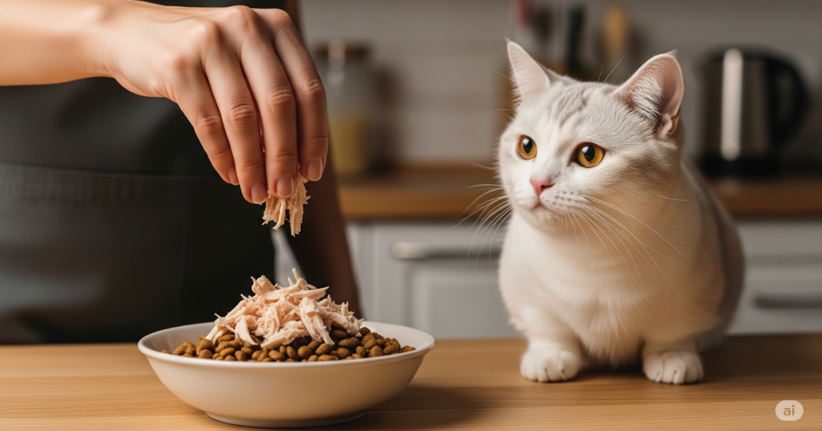猫の食欲を刺激する工夫 - 飼い主の手がキャットフードに鶏ささみのトッピングを乗せている様子を接写。マンチカンが興味津々な目でボウルを覗き込んでおり、香りで食欲を刺激する工夫がわかる。