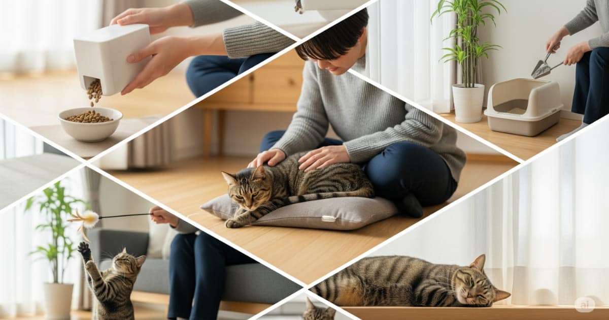 猫の世話 日課 - 食事の準備、トイレ掃除、遊びなど、猫の毎日のお世話の様子をコラージュで表現。日本の家庭での、猫との規則正しくも温かい日常風景