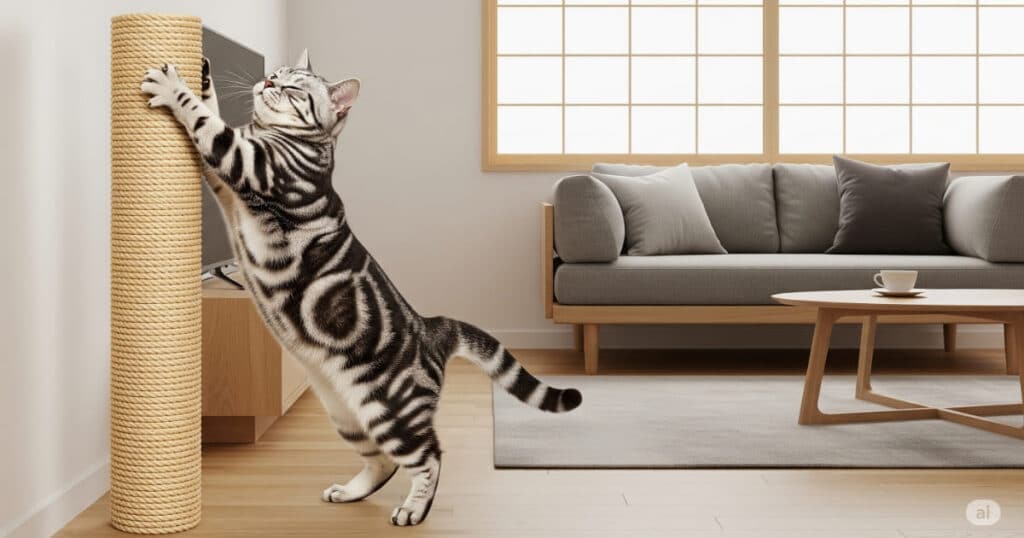 「爪とぎ - 猫の本能を満たす、リビングに置かれたおしゃれな爪とぎポール」
現代的な日本のリビングに馴染む、デザイン性の高い縦型の爪とぎです。アメリカンショートヘアが気持ちよさそうに爪をといでおり、家具や壁での爪とぎを防ぐための必須アイテムであることがわかります。