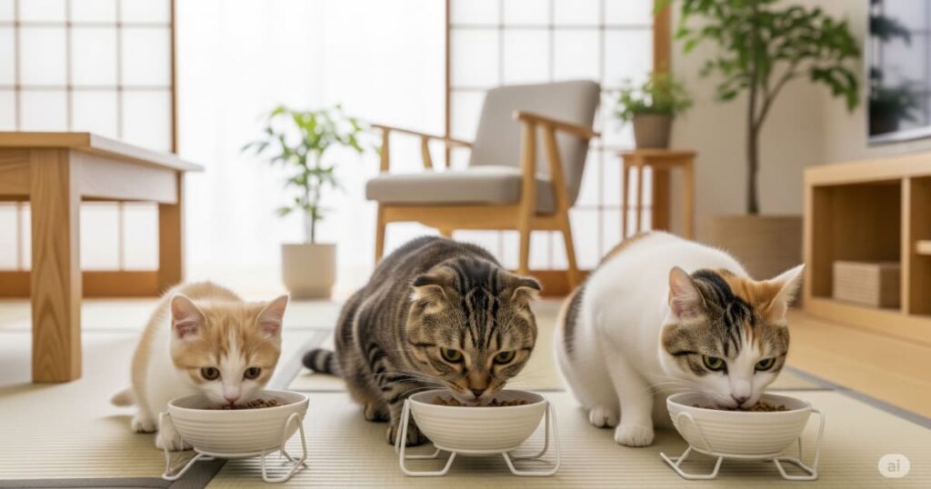 「年齢別キャットフードの選択 - リビングで子猫、成猫、シニア猫がそれぞれのライフステージに合ったフードを自分の皿から食べており、年齢に応じたフード選びの重要性を示している。」