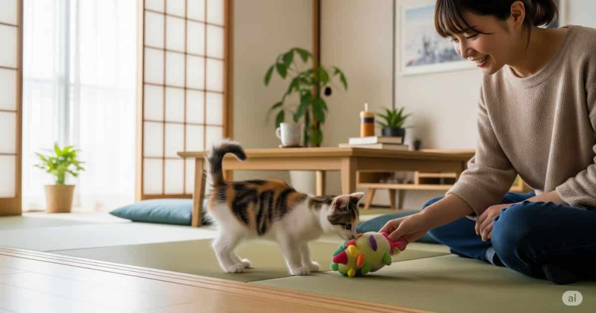 子猫期 成長 社会化 - 明るいリビングで、日本人の飼い主が子猫に優しくおもちゃを見せている。子猫が人や環境に慣れていく、大切な社会化期を表現した心温まる画像