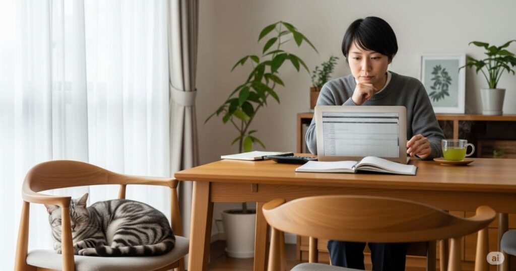 「猫の費用 概要 - 日本人女性がリビングのテーブルで電卓とノートを使い、猫を飼うための費用を計画している。傍らには愛猫が安心して眠っており、責任ある飼い主の姿を象徴している。」