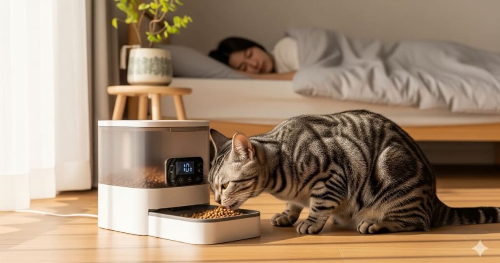 「猫の夜鳴き 自動給餌器 - 早朝の静かな光が差し込む日本のマンションで、最新の自動給餌器からキャットフードを食べるアメリカンショートヘア。飼い主は安らかに眠っている」