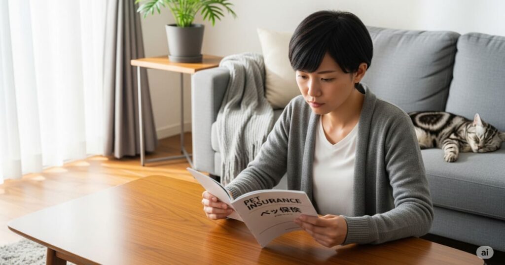 「高額医療費 備え ペット保険 - 30代の日本人がリビングのテーブルでペット保険のパンフレットを真剣に読んでいる。傍ではアメリカンショートヘアが安らかに眠っており、万が一の事態に備える飼い主の責任感と愛情が伝わる一枚」