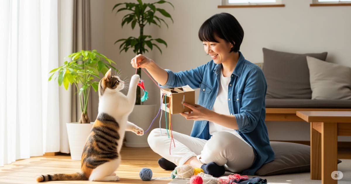 「推奨される賢明な節約術 - 日本人女性が明るいリビングの床に座り、段ボールや紐を使って猫のおもちゃを手作りしている。横では日本猫が楽しそうに遊んでいる」