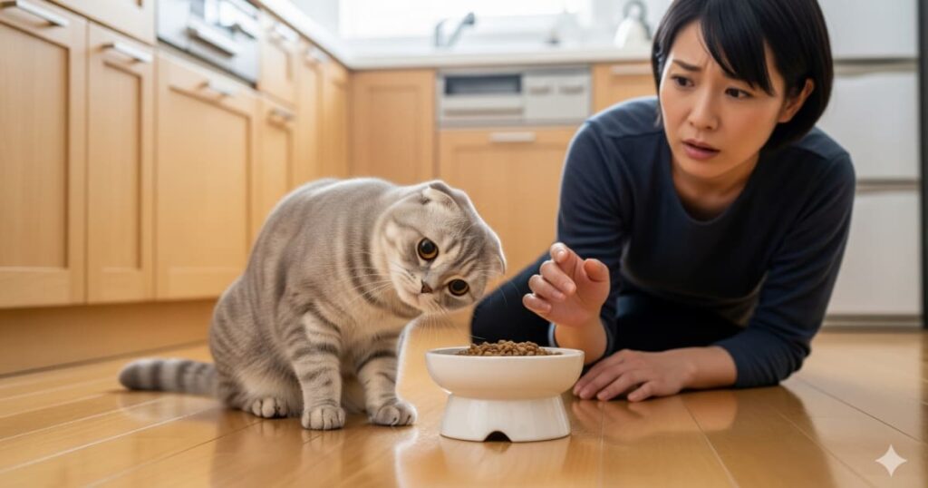 猫 食べムラ 原因 - フードボウルから顔をそむけ、不満そうな表情を浮かべるスコティッシュフォールドと、心配そうに見守る飼い主。猫がご飯を食べない原因を探る様子。