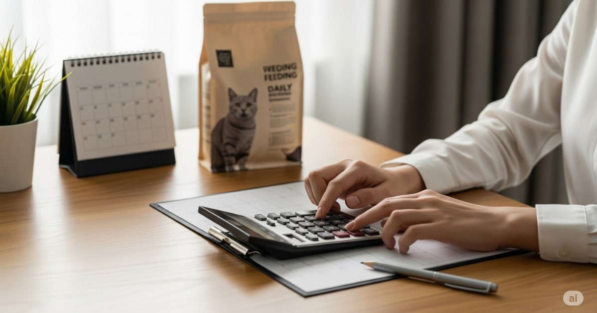 キャットフードの値段とコストパフォーマンスを電卓で計算するイメージ画像