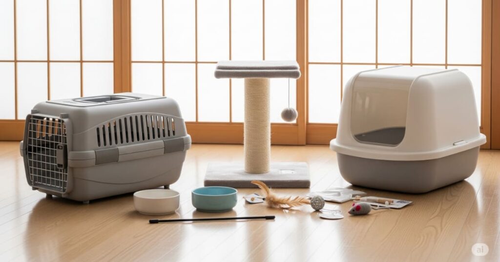 「猫の初期費用 - 新しい猫を迎えるために準備された飼育用品一式。モダンな日本の部屋の床に、キャリーケース、食器、トイレ、爪とぎ、おもちゃなどがきれいに並べられている。」