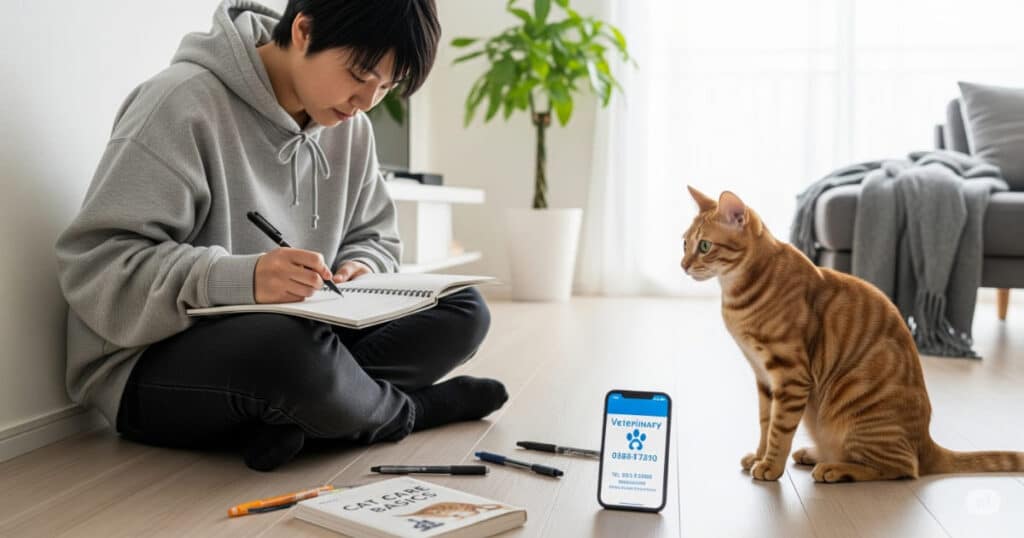 「一人暮らしでの準備ポイント - 万が一に備える、緊急時の連絡先リストの作成」
かかりつけの動物病院や、緊急時に頼れる友人・家族の連絡先をまとめている様子です。一人暮らしでは、自分に何かあった時に愛猫を守るための準備が不可欠。猫がそばで見守る中、責任感を持って準備を進める姿が描かれています。