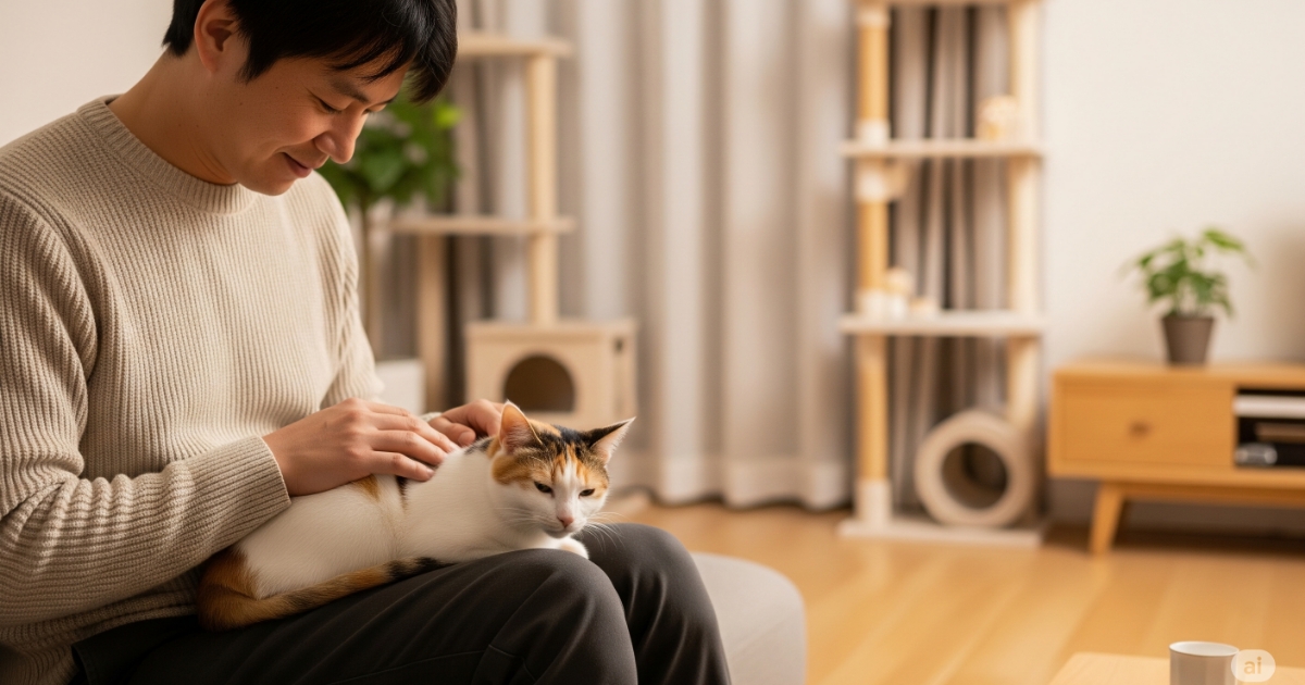 ジャガーキャットフードが愛猫に合うかどうかの最終判断基準を示す画像。日本人男性が、膝の上で満足そうに喉を鳴らす日本猫(ジャパニーズ・ボブテイル)を優しく撫でており、最終的には愛猫の幸せと健康が判断基準であることを象徴しています。