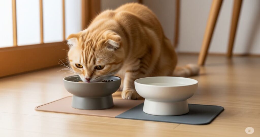 「猫の食器 - 清潔感のある日本の家の床に置かれた、陶器製のおしゃれなフードボウルとウォーターボウル。スコティッシュフォールドの子猫が、少し高さのある食器で食べやすそうにご飯を食べている。」