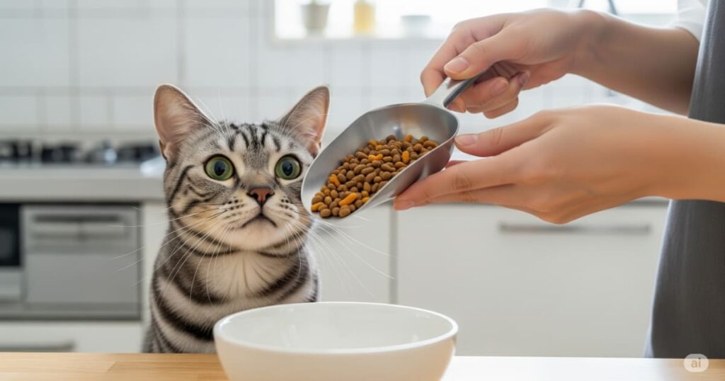 「猫フード選びの基本 - モダンな日本のキッチンで、飼い主がキャットフードを手に取り、アメリカンショートヘアが期待の眼差しで見つめている。フード選びの基本となる愛情のこもった給餌シーン。」