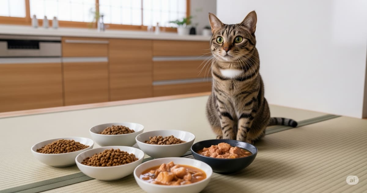 キャットフード 選び方 - モダンな日本のキッチンに並べられた複数のキャットフードボウル。ドライとウェットフードを前に、日本猫がどれにしようか興味深そうに眺めている様子
