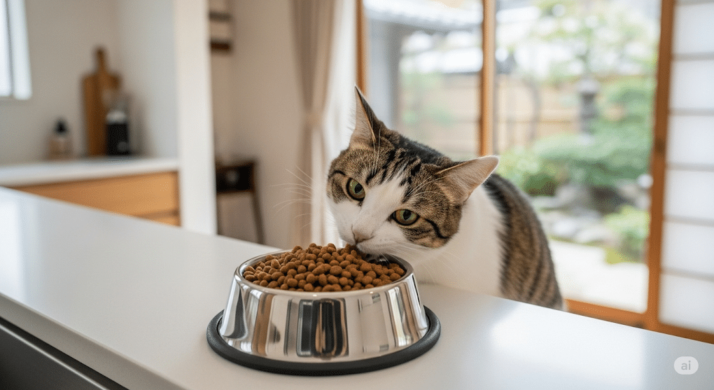 アレルゲン低減キャットフードを日本の家で食べる猫。フードで唾液中のアレルゲンを中和する新しい猫アレルギー対策技術を象徴する一枚。