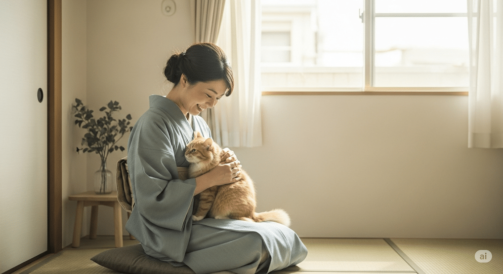 アレルゲン低減フード利用者の喜びの声。日本の自宅で、猫アレルギーの悩みから解放され、愛猫と幸せそうに触れ合う日本人女性の口コミをイメージ。