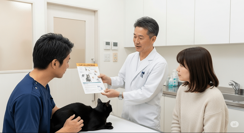 動物病院で獣医師に猫アレルギーの質問をする飼い主夫婦。専門家が図を使いながらよくある質問に回答し、飼い主の不安を解消している相談シーン。