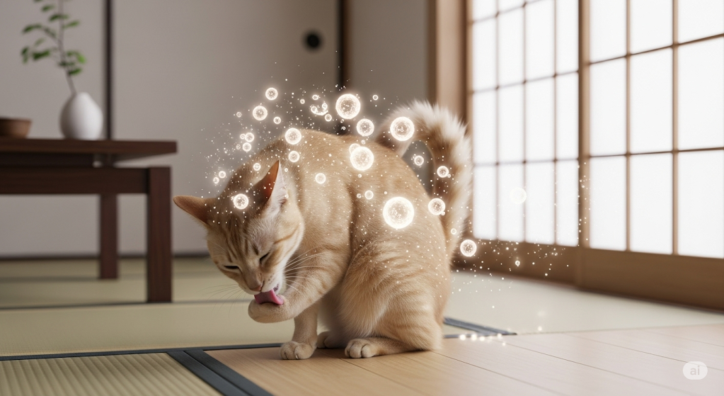 猫アレルギーの主要アレルゲン「Fel d 1」の発生源を示す画像。日本のリビングで猫が毛づくろいをしており、唾液や皮脂腺からアレルゲンが広がる様子を表現。